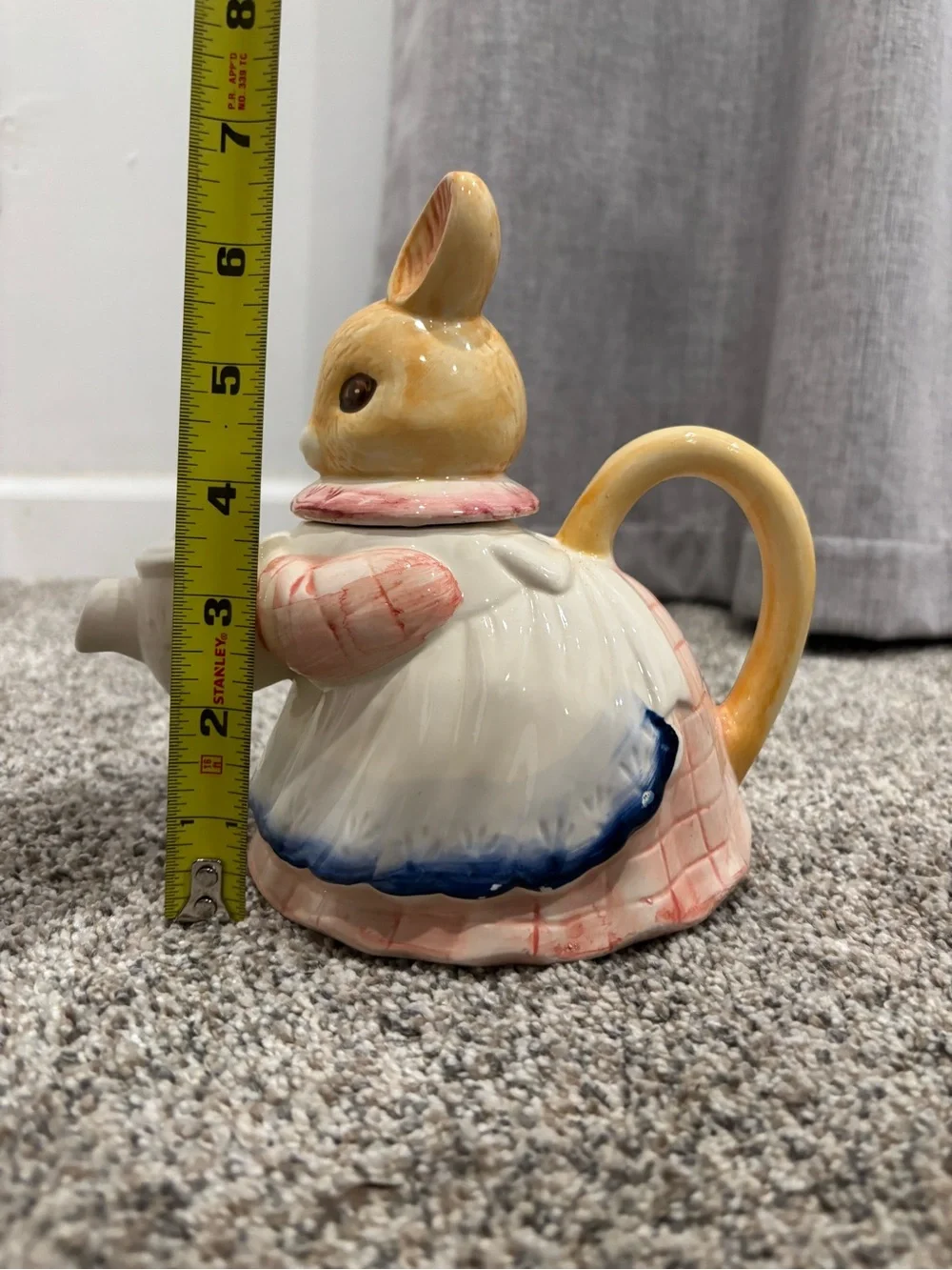 Vintage 1970s Hand Painted Porcelain Takahashi Pink & Blue Bunny Teapot
